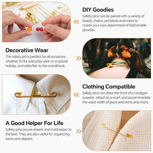 Alt view image 5 of 7 - 320Pcs Gold Safety Pins Assorted | 5 Different Sizes Large and Small Safety Pins for Clothes, Pins for Art,Crafts, Sewing and Jewelry Making