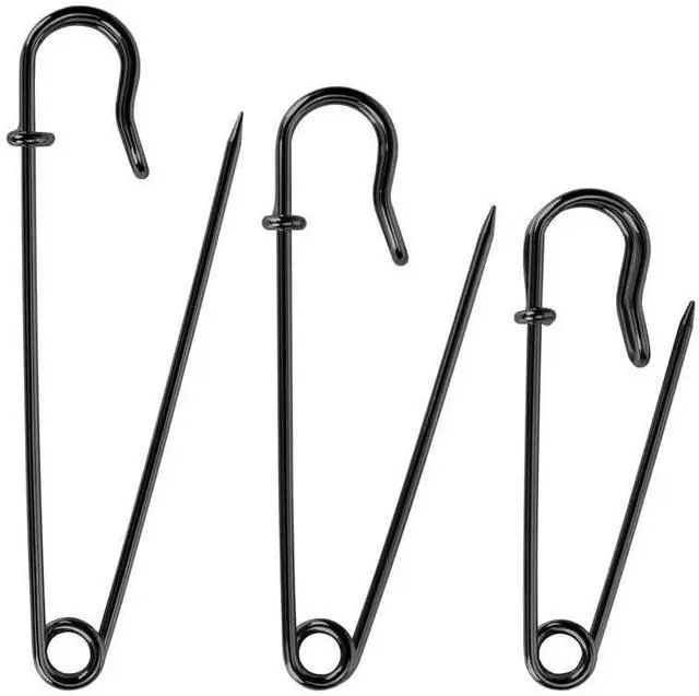 Main image of Bulk Pack of 20 Black Heavy-Duty Safety Pins Assorted Sizes (2", 3", 4") Extra-Sturdy Pins for Blankets, Skirts and Crafts