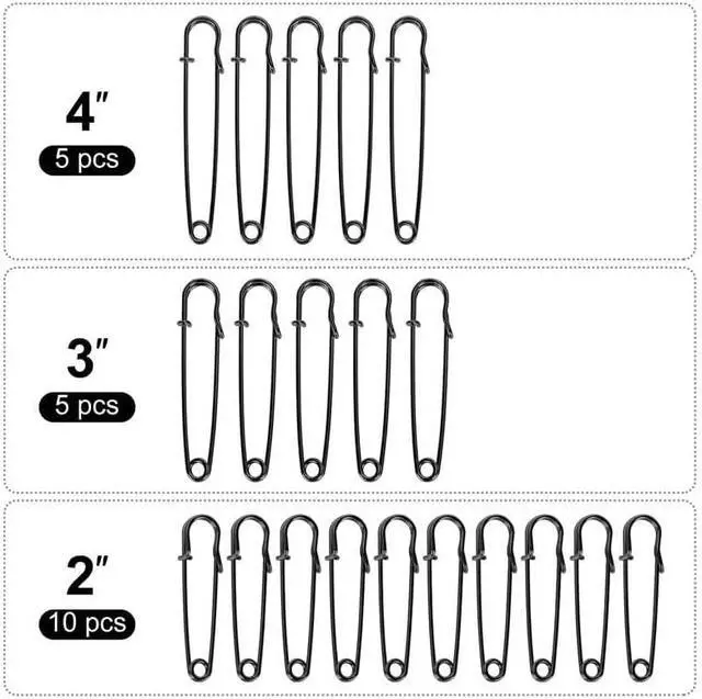 Alt view image 2 of 2 - Bulk Pack of 20 Black Heavy-Duty Safety Pins Assorted Sizes (2", 3", 4") Extra-Sturdy Pins for Blankets, Skirts and Crafts