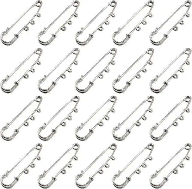 Main image of 20 Pcs Heavy Duty Safety Pins, 2 Inch Silver | Metal, Decorative Brooch Clasp, 3 Loops, For DIY Crafts Jewelry Making