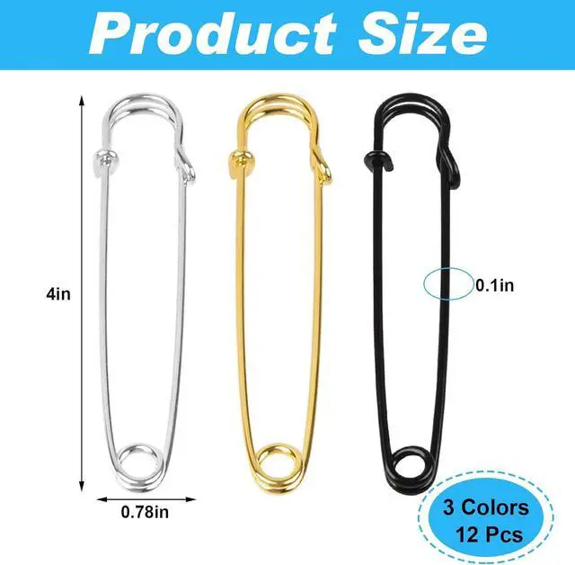 Alt view image 2 of 7 - 12Pcs Extra Large Safety Pins Heavy Duty 4" Stainless Steel Crafting Big Safety Pins for Clothes Giant Safety Pin for Clothing Quilting Blankets Upholstery Laundry and Craft (4Gold/4Black/4Silvery)