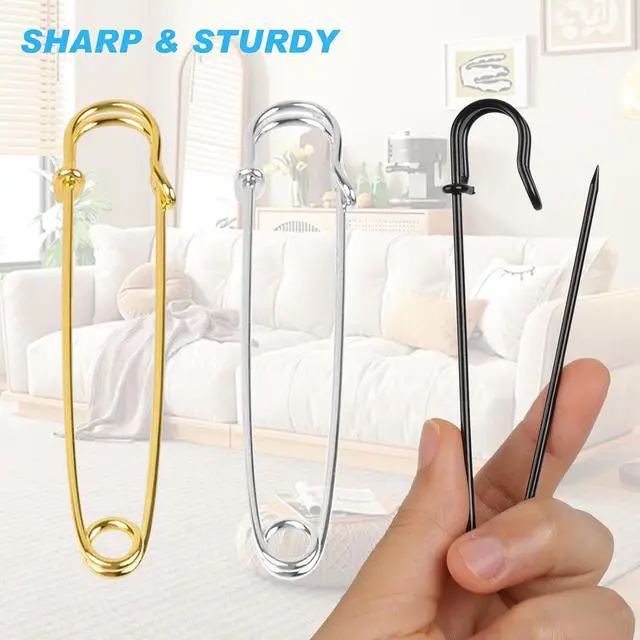 Alt view image 4 of 7 - 12Pcs Extra Large Safety Pins Heavy Duty 4" Stainless Steel Crafting Big Safety Pins for Clothes Giant Safety Pin for Clothing Quilting Blankets Upholstery Laundry and Craft (4Gold/4Black/4Silvery)