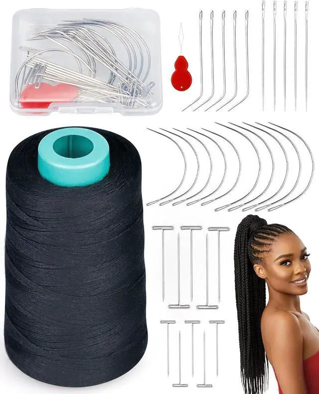 Main image of FIVEIZERO 900yd Black Sew in Hair Extension Thread and 30pcs T/C/J/I Needle | 1Roll Hair Thread;4-ply polyester weaving thread;Hair Weave Threads for Hair Extensions,Hand Sewing & Making Wigs DIY