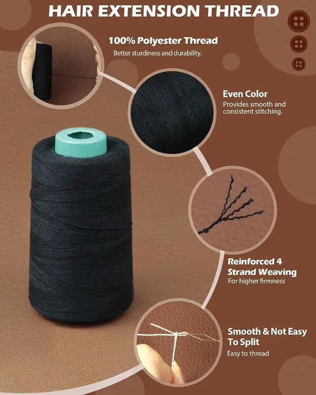 Alt view image 4 of 6 - FIVEIZERO 900yd Black Sew in Hair Extension Thread and 30pcs T/C/J/I Needle | 1Roll Hair Thread;4-ply polyester weaving thread;Hair Weave Threads for Hair Extensions,Hand Sewing & Making Wigs DIY