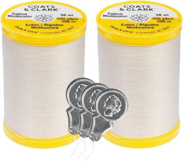 Main image of Coats & Clark Cotton All Purpose Sewing Thread 100% Mercerized Cotton 225 Yards Each Spool S970 2 Pack Bundle with 3 Bella's Crafts Needle Threaders (Natural)