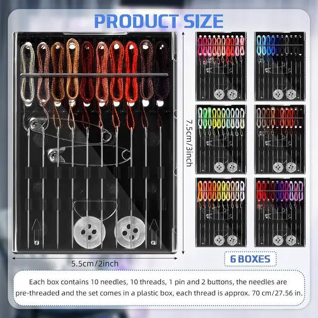 Alt view image 3 of 7 - 6 Boxes (60 Pcs) Pre Threaded Needle Kit Assorted Color (Mixed Color)