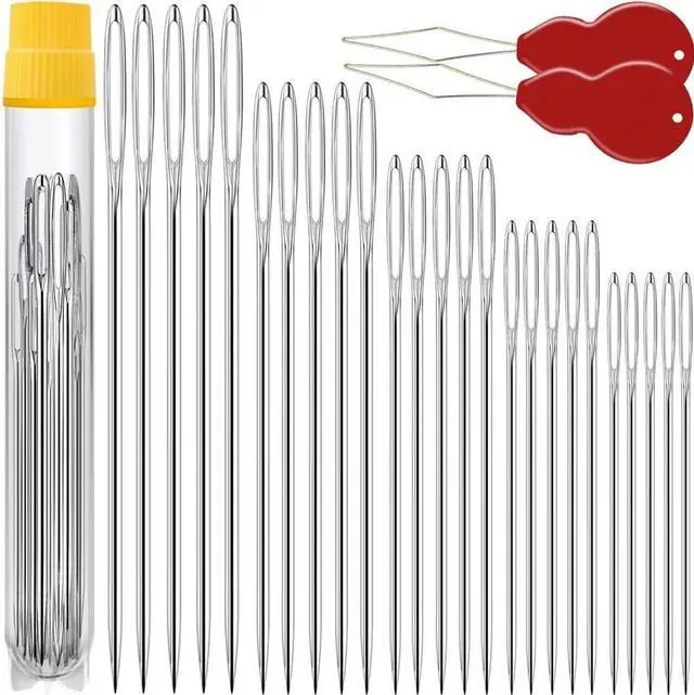 Main image of Premium Large Eye, Large Gauge Needles for Hand Sewing - Assorted Sizes, Including Embroidery - 25/50 PCs with 2 Threaders
