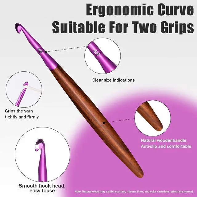 Alt view image 3 of 7 - Giwrmu Crochet Hooks, 4.5mm Ergonomic Crochet Hooks for Arthritic Hands | Colored Aluminum Crochet Hook with Wooden Handle for Knitted Dolls, Gloves, Sweaters, Blankets - Available in 3mm-7mm