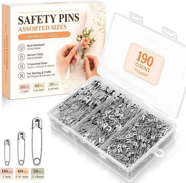 Main image of 190 Pcs Safety Pins for Clothes Assorted Sizes Heavy Duty Nickel Plated Safety Pins for Sewing, Crafting, Diapers Large & Small Pins for Everyday Use