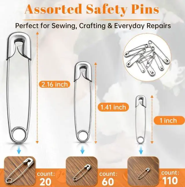 Alt view image 2 of 7 - 190 Pcs Safety Pins for Clothes Assorted Sizes Heavy Duty Nickel Plated Safety Pins for Sewing, Crafting, Diapers Large & Small Pins for Everyday Use