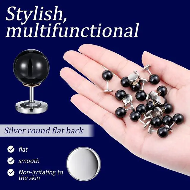 Alt view image 3 of 7 - 30 Sets No Sew Black Pearl Buttons Brooch Pins Pearl Buttons for Clothes, Pearls Rivets No Tools Detachable and Reusable, Black Safety Pins for Dresses, DIY Clothing Accessories Craft Decoration