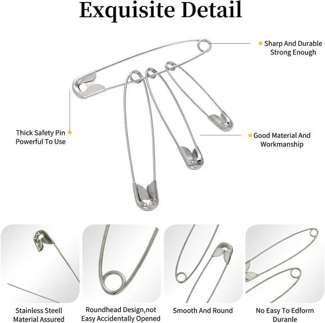 Alt view image 3 of 7 - Safety Pins - 270 Assorted Sizes Bulk Pins - Large Heavy Duty Pins for Clothing, Sewing and Crafts (Silver)