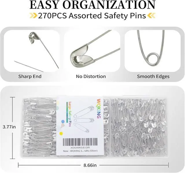 Alt view image 4 of 7 - Safety Pins - 270 Assorted Sizes Bulk Pins - Large Heavy Duty Pins for Clothing, Sewing and Crafts (Silver)