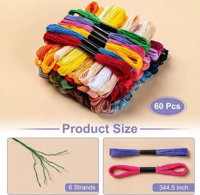 Alt view image 2 of 7 - Amrules Friendship Bracelet String, 60 Pcs Embroidery Floss, Colorful | Including 344.5" Cotton Cross Stitch Thread, Hand Embroidery Thread for DIY Sewing and Embroidery Crafts Making with Tools