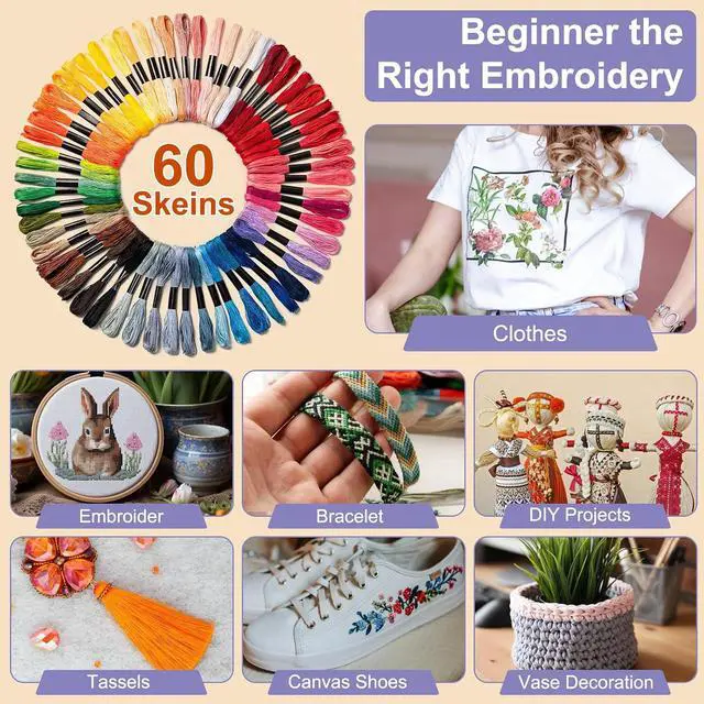 Alt view image 6 of 7 - Amrules Friendship Bracelet String, 60 Pcs Embroidery Floss, Colorful | Including 344.5" Cotton Cross Stitch Thread, Hand Embroidery Thread for DIY Sewing and Embroidery Crafts Making with Tools