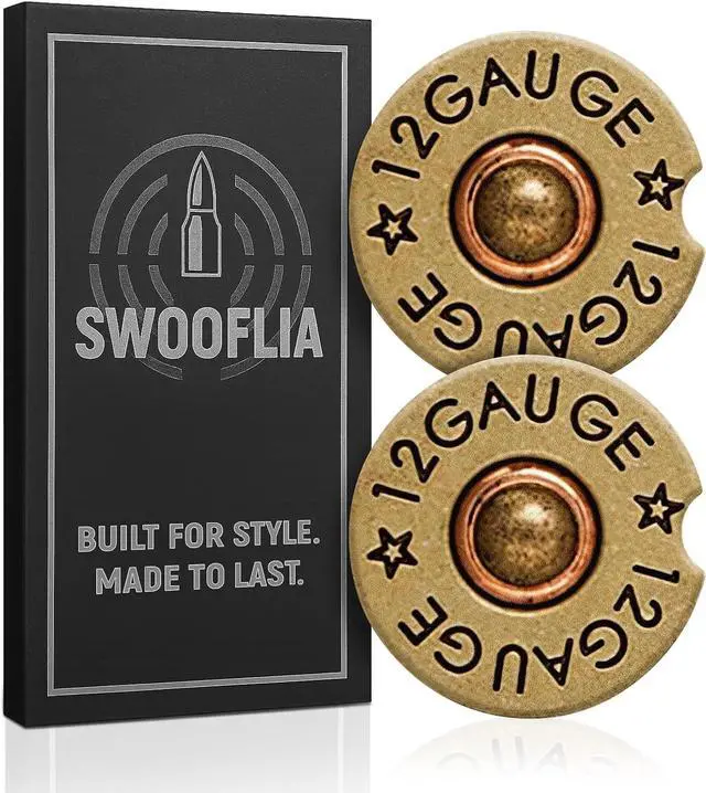Main image of Swooflia Car Coasters for Men - 12 Gauge Bullet Shaped Ceramic Car Cupholder Coaster Cool Absorbent Mat Coaster with Cork Base 2 Pack Automotive Cup Holder Accessories New Driver Gifts