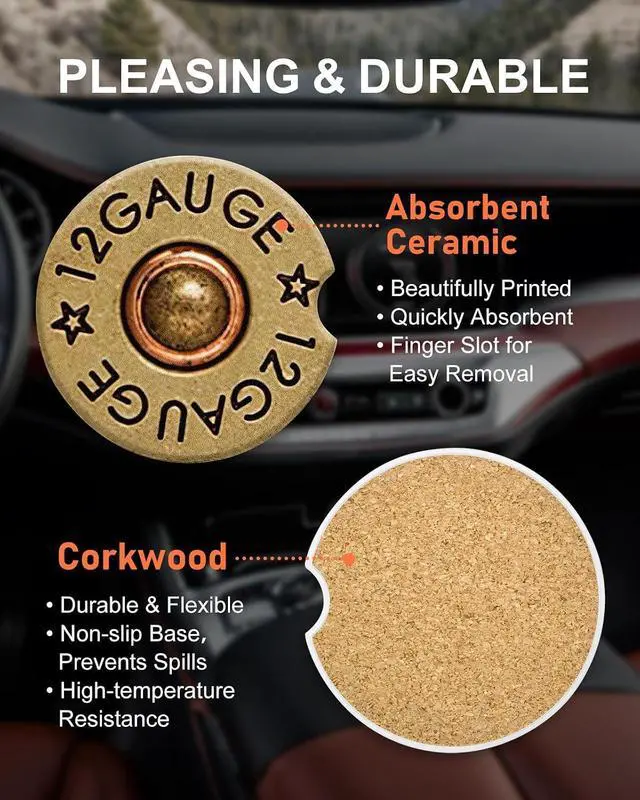 Alt view image 2 of 5 - Swooflia Car Coasters for Men - 12 Gauge Bullet Shaped Ceramic Car Cupholder Coaster Cool Absorbent Mat Coaster with Cork Base 2 Pack Automotive Cup Holder Accessories New Driver Gifts