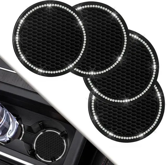 Main image of Car Coasters, 4 Pack Universal Vehicle Bling Car Coaster, COCASES Crystal Rhinestone Coaster for Cup Holders, Car Interior Accessories 2.75'' Silicone Anti Slip Car Coasters for Women (Black)