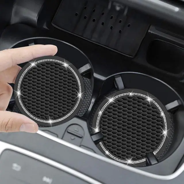 Alt view image 2 of 7 - Car Coasters, 4 Pack Universal Vehicle Bling Car Coaster, COCASES Crystal Rhinestone Coaster for Cup Holders, Car Interior Accessories 2.75'' Silicone Anti Slip Car Coasters for Women (Black)