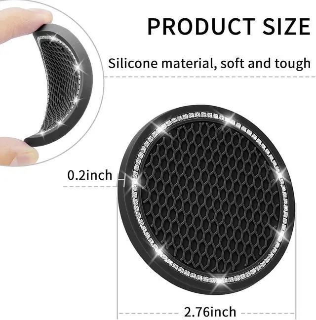 Alt view image 5 of 7 - Car Coasters, 4 Pack Universal Vehicle Bling Car Coaster, COCASES Crystal Rhinestone Coaster for Cup Holders, Car Interior Accessories 2.75'' Silicone Anti Slip Car Coasters for Women (Black)