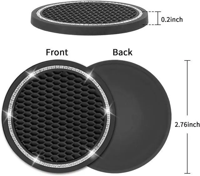 Alt view image 6 of 7 - Car Coasters, 4 Pack Universal Vehicle Bling Car Coaster, COCASES Crystal Rhinestone Coaster for Cup Holders, Car Interior Accessories 2.75'' Silicone Anti Slip Car Coasters for Women (Black)