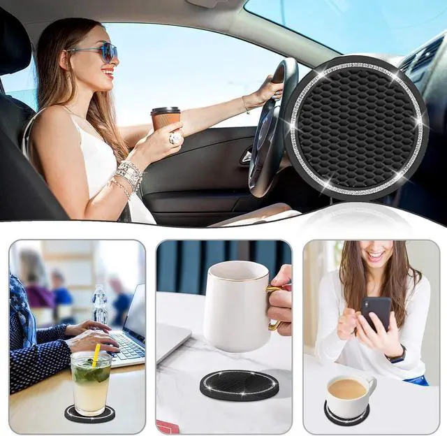Alt view image 7 of 7 - Car Coasters, 4 Pack Universal Vehicle Bling Car Coaster, COCASES Crystal Rhinestone Coaster for Cup Holders, Car Interior Accessories 2.75'' Silicone Anti Slip Car Coasters for Women (Black)