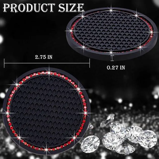 Alt view image 2 of 7 - 2PCS Bling Cup Holder Coaster, 2.75 Inch Auto Car Cup Holder Insert Coasters, Soft Silicone Anti-Slip Shockproof, Universal Vehicle Interior Accessories for Women Girls (Black & Red)