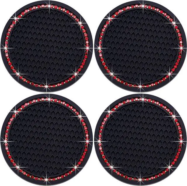 Main image of 4PCS Bling Cup Holder Coaster, 2.75 Inch Auto Car Cup Holder Insert Coasters, Soft Silicone Anti-Slip Shockproof, Universal Vehicle Interior Accessories for Women Girls (Black & Red)