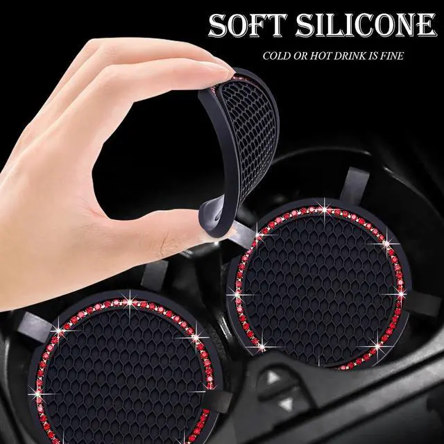 Alt view image 4 of 7 - 2PCS Bling Cup Holder Coaster, 2.75 Inch Auto Car Cup Holder Insert Coasters, Soft Silicone Anti-Slip Shockproof, Universal Vehicle Interior Accessories for Women Girls (Black & Red)