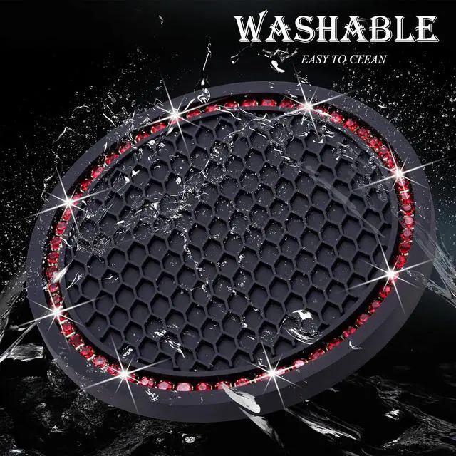 Alt view image 5 of 7 - 2PCS Bling Cup Holder Coaster, 2.75 Inch Auto Car Cup Holder Insert Coasters, Soft Silicone Anti-Slip Shockproof, Universal Vehicle Interior Accessories for Women Girls (Black & Red)
