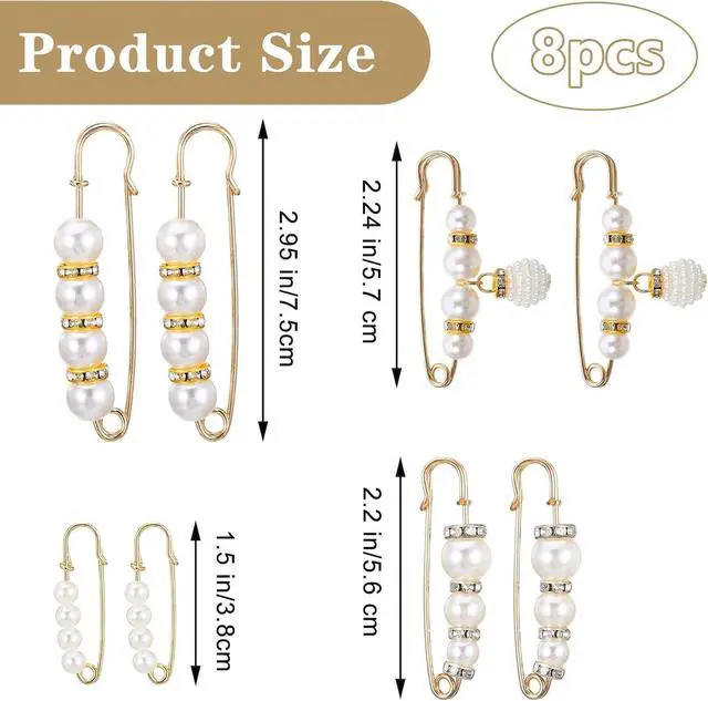 Alt view image 2 of 7 - 8pcs Pearl Brooch Pins, Decorative Safety Pins for Clothing with White Pearls, Pant Pin for Long Pants Clothes, Faux Rhinestones Brooches for Women Girl Pants Extender