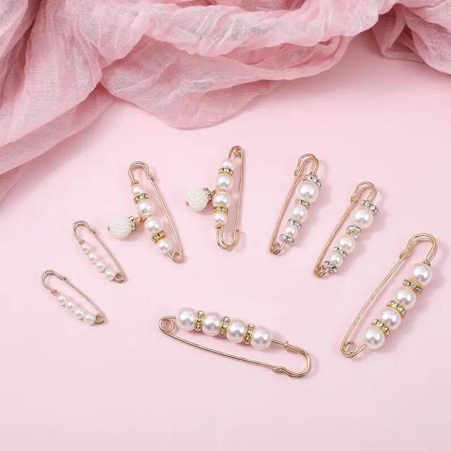 Alt view image 3 of 7 - 8pcs Pearl Brooch Pins, Decorative Safety Pins for Clothing with White Pearls, Pant Pin for Long Pants Clothes, Faux Rhinestones Brooches for Women Girl Pants Extender