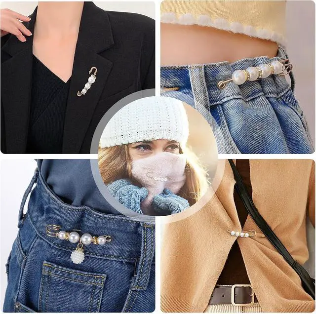 Alt view image 5 of 7 - 8pcs Pearl Brooch Pins, Decorative Safety Pins for Clothing with White Pearls, Pant Pin for Long Pants Clothes, Faux Rhinestones Brooches for Women Girl Pants Extender