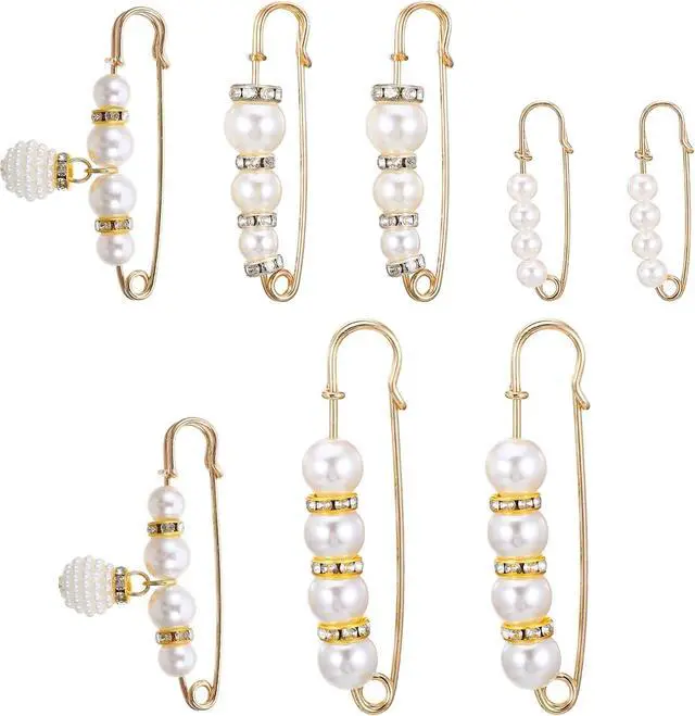 Main image of 8pcs Pearl Brooch Pins, Decorative Safety Pins for Clothing with White Pearls, Pant Pin for Long Pants Clothes, Faux Rhinestones Brooches for Women Girl Pants Extender