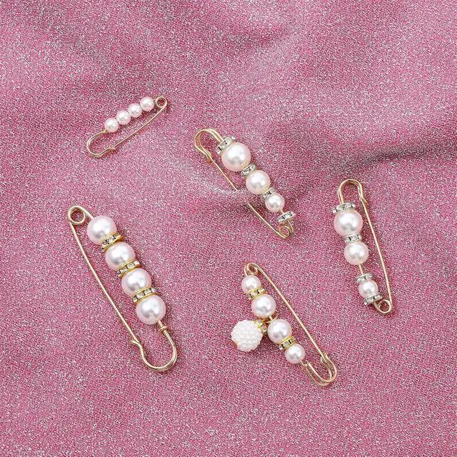 Alt view image 4 of 7 - 8pcs Pearl Brooch Pins, Decorative Safety Pins for Clothing with White Pearls, Pant Pin for Long Pants Clothes, Faux Rhinestones Brooches for Women Girl Pants Extender