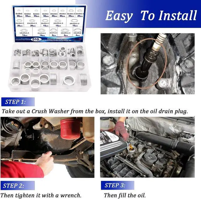 Alt view image 4 of 5 - 510PCS Crush Washer Oil Drain Plug,18 Sizes Aluminum Oil Drain Plug Gasket Assortment,Automotive Engine Crush Washers (M6 M8 M10 M12 M14 M16 M18 M20 M22 M24)
