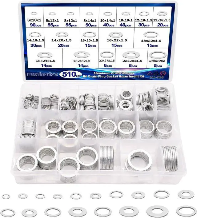 Main image of 510PCS Crush Washer Oil Drain Plug,18 Sizes Aluminum Oil Drain Plug Gasket Assortment,Automotive Engine Crush Washers (M6 M8 M10 M12 M14 M16 M18 M20 M22 M24)