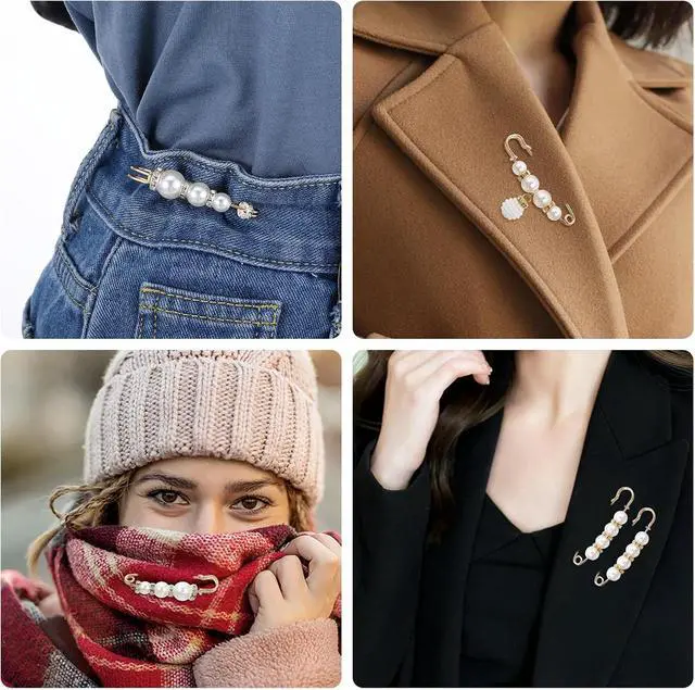 Alt view image 6 of 7 - 8pcs Pearl Brooch Pins, Decorative Safety Pins for Clothing with White Pearls, Pant Pin for Long Pants Clothes, Faux Rhinestones Brooches for Women Girl Pants Extender
