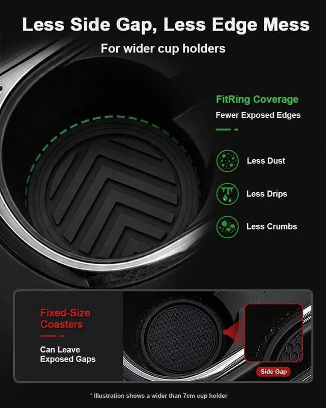Alt view image 3 of 6 - FitRing Car Cup Holder Coasters, Multi-Size, 2.75"-3.54", 2 Pack | 5 size choices help select a coaster diameter closer to the diameter of your cup holder base than a fixed-size coaster