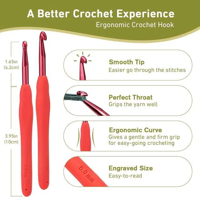 Alt view image 2 of 7 - 6mm Crochet Hook, Super Smooth 6 mm Ergonomic Crochet Hooks for Beginners | Comfort Crochet Needle for Arthritic Hands, Knitting Needles with Soft Handle,1 Pack