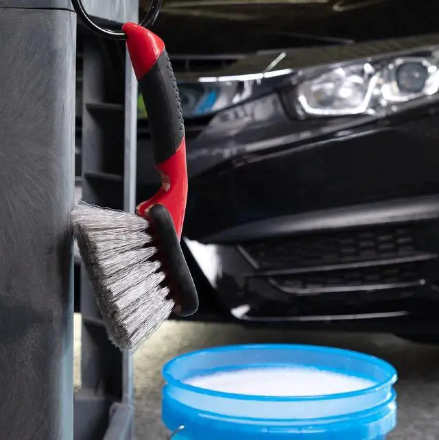 Alt view image 5 of 7 - Mothers Car Wash Brush, Wheel and Fender Brush, Short Handle Tire Cleaner for Car Detailing, 10 Inch, Red/Black