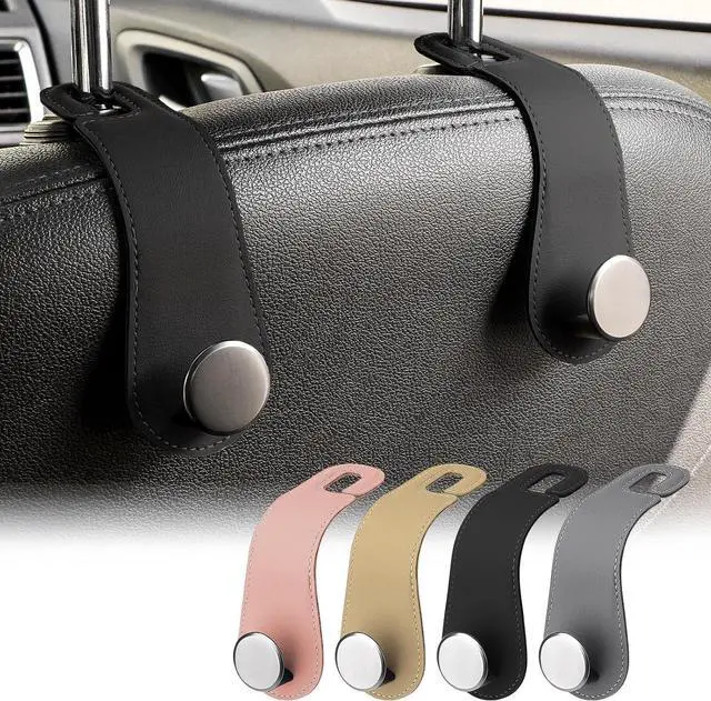 Main image of 2 Pack Car Headrest Hooks Leather & Alloy Car Seat Storage Hangers, Black | 44lb Heavy Duty Stylish Car Seat Organizer Hooks for Purses Bags, Coat, Umbrellas, Water Bottle, Car Inside Accessories