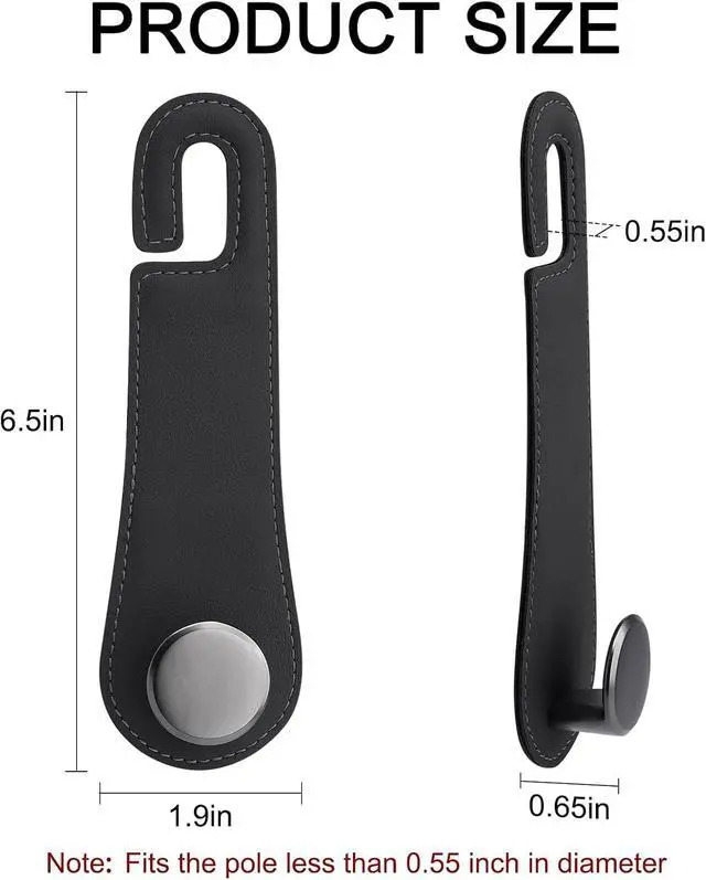 Alt view image 2 of 7 - 2 Pack Car Headrest Hooks Leather & Alloy Car Seat Storage Hangers, Black | 44lb Heavy Duty Stylish Car Seat Organizer Hooks for Purses Bags, Coat, Umbrellas, Water Bottle, Car Inside Accessories