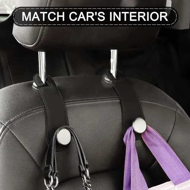 Alt view image 7 of 7 - 2 Pack Car Headrest Hooks Leather & Alloy Car Seat Storage Hangers, Black | 44lb Heavy Duty Stylish Car Seat Organizer Hooks for Purses Bags, Coat, Umbrellas, Water Bottle, Car Inside Accessories