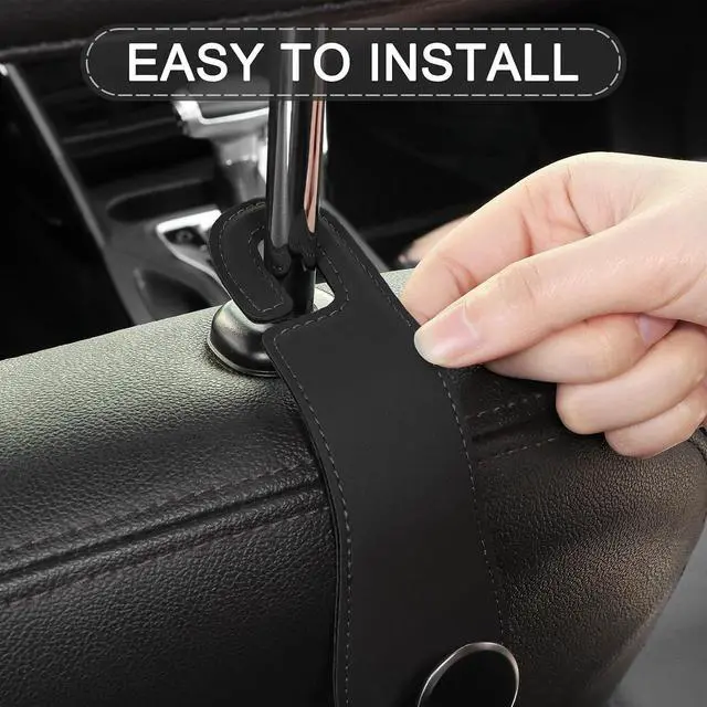 Alt view image 6 of 7 - 2 Pack Car Headrest Hooks Leather & Alloy Car Seat Storage Hangers, Black | 44lb Heavy Duty Stylish Car Seat Organizer Hooks for Purses Bags, Coat, Umbrellas, Water Bottle, Car Inside Accessories