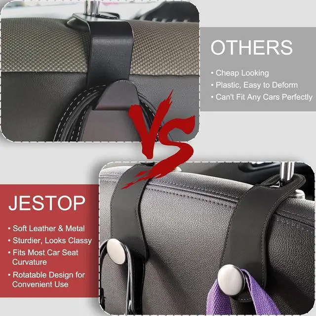 Alt view image 5 of 7 - 2 Pack Car Headrest Hooks Leather & Alloy Car Seat Storage Hangers, Black | 44lb Heavy Duty Stylish Car Seat Organizer Hooks for Purses Bags, Coat, Umbrellas, Water Bottle, Car Inside Accessories