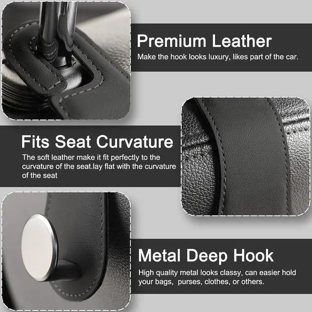Alt view image 3 of 7 - 2 Pack Car Headrest Hooks Leather & Alloy Car Seat Storage Hangers, Black | 44lb Heavy Duty Stylish Car Seat Organizer Hooks for Purses Bags, Coat, Umbrellas, Water Bottle, Car Inside Accessories