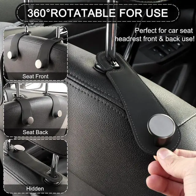 Alt view image 4 of 7 - 2 Pack Car Headrest Hooks Leather & Alloy Car Seat Storage Hangers, Black | 44lb Heavy Duty Stylish Car Seat Organizer Hooks for Purses Bags, Coat, Umbrellas, Water Bottle, Car Inside Accessories