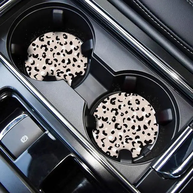 Main image of WOCOCN Cute Cup Holder Coasters for Your Car with Fingertip Grip | Auto Accessories for Women & Men,Pack of 2, White Leopard