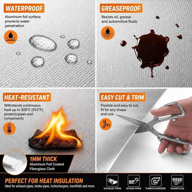 Alt view image 2 of 7 - FLASLD Aluminized Heat Shield Mat Thermal Barrier Adhesive Backed Heat Blanket 12'' X 24'', Fiberglass Insulation Reflective Material High Temp Protection